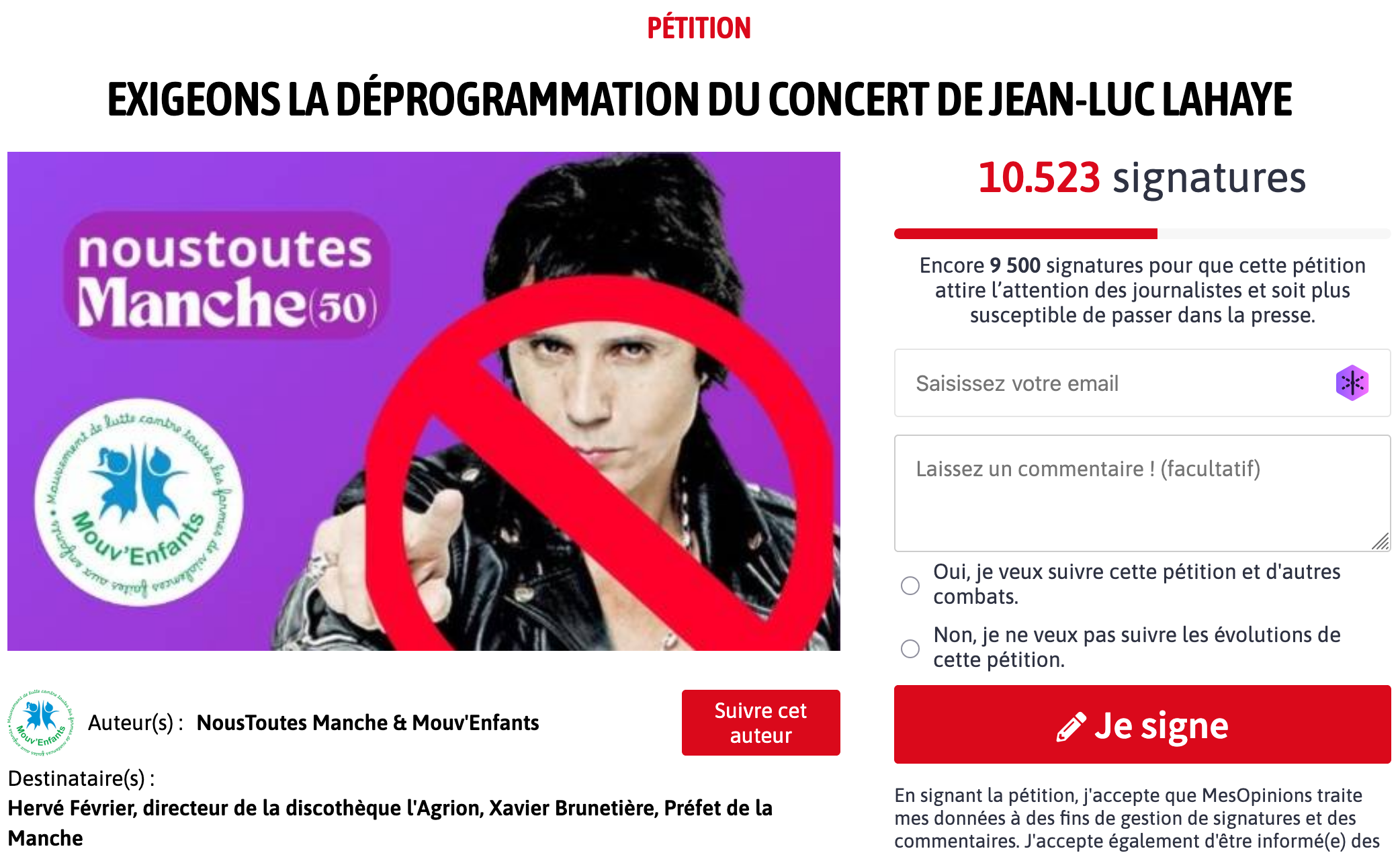 Capture d'écran du site hébergeant la pétition exigeant la déprogrammation du concert de Jean-Luc Lahaye