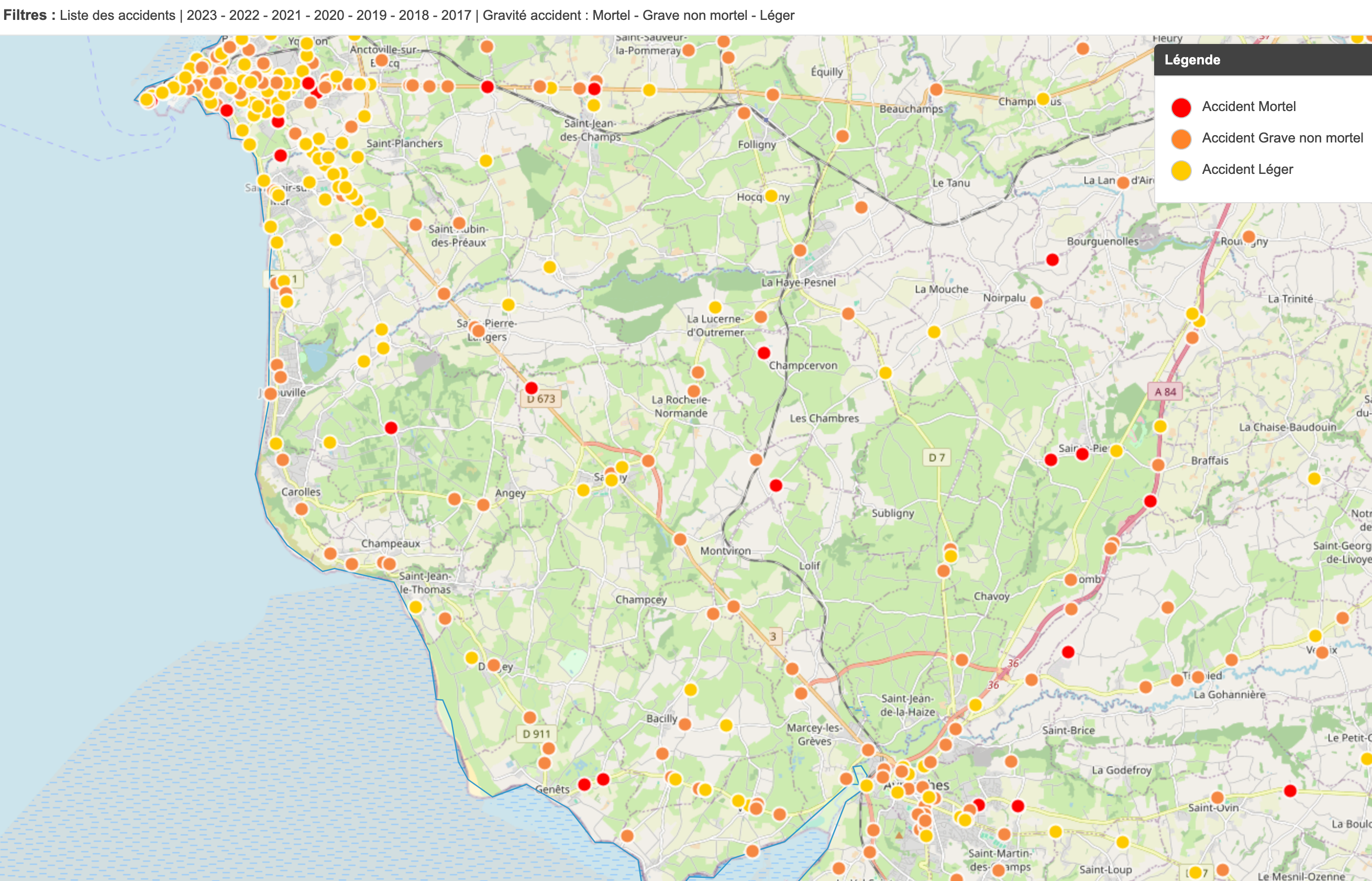 Carte de l'accidentologie des routes reliant Granville à Avranches
